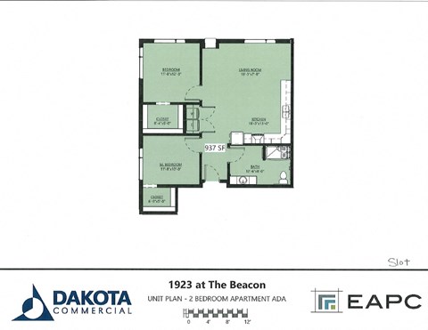 Floor plan for 2 beds, 1 bath, 937 sqft